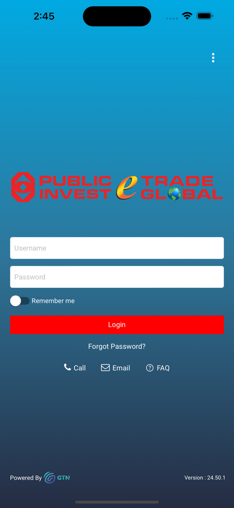 Login screen for the eTrade Global mobile trading application showing username and password fields