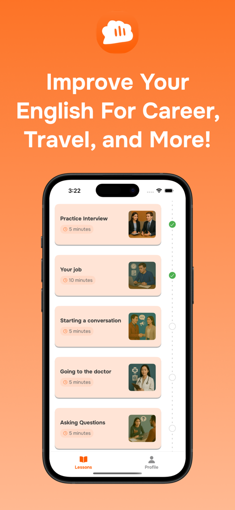 Uno schermo mobile che mostra lezioni di apprendimento dell'inglese per scenari di carriera, viaggi e vita quotidiana nell'app Versa