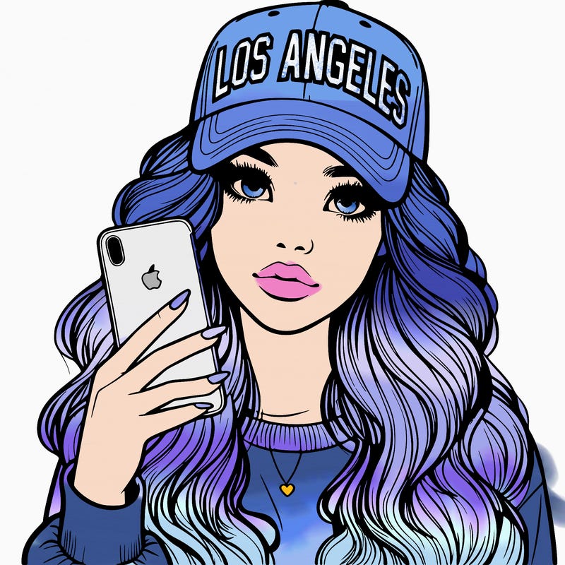 realistic beautiful girl wearing los ángeles cap holding an iphone