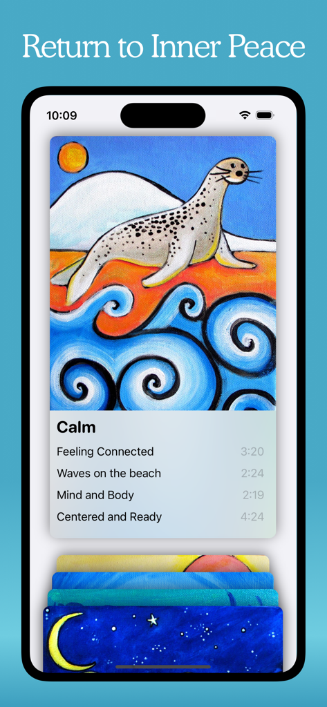 Interface de l'application de méditations de pleine conscience pour enfants montrant la section Calme avec un phoque illustré et une liste de pistes de méditation guidée comme 'Vagues sur la plage'.