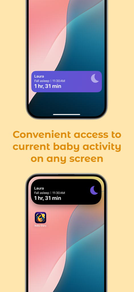 Baby Tracker - Newborn Diary - iPhone lock screen and home screen showing real-time baby sleep tracking widgets and Dynamic Island support