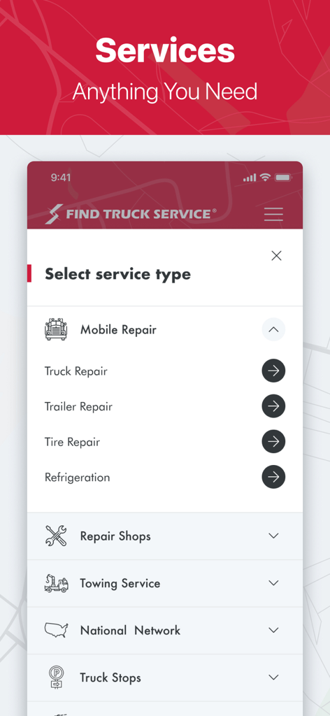 Tela do aplicativo Find Truck Service listando categorias de reparo e serviço rodoviário para caminhoneiros