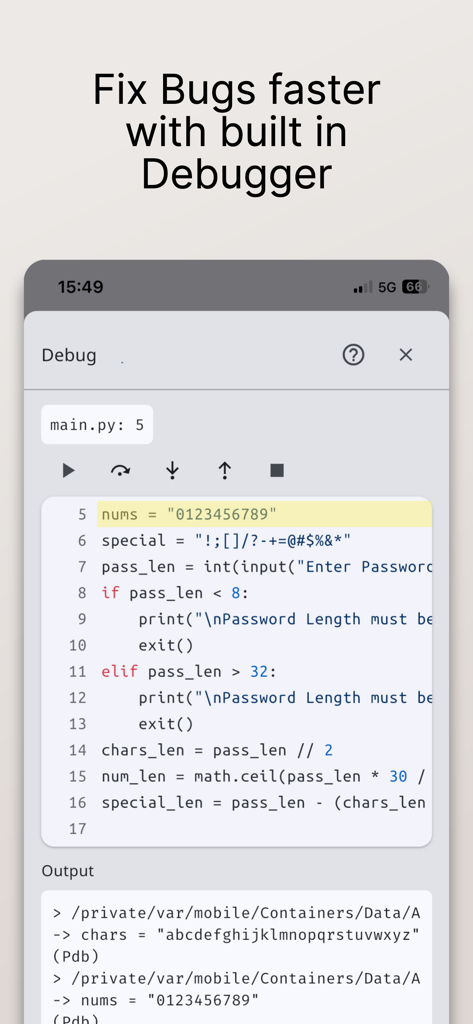 Interface of the Python Coding Editor app showcasing the built-in debugger with Python code and console output