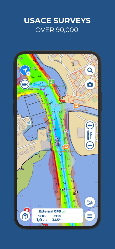 Aqua Map Boating - Aqua Map Boating app screen showing USACE survey data for safe navigation in shallow waters