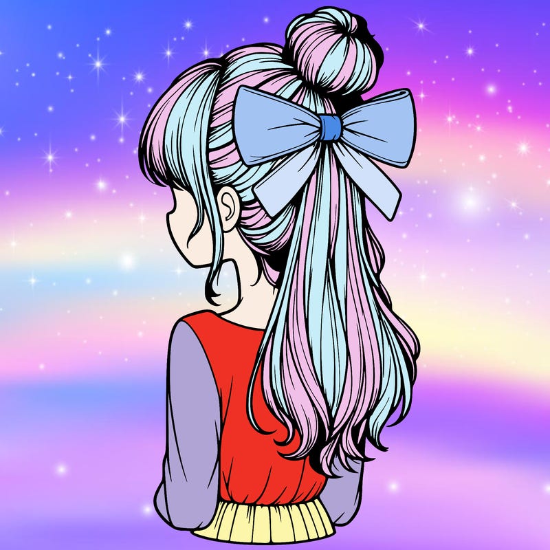 realistic girl  with hip length hair a bun and a big bow on the back of head