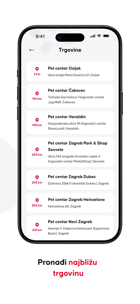 Pet centar HR - A smartphone screen displaying the Pet centar HR app's store locator feature with a list of locations, addresses, and distances.