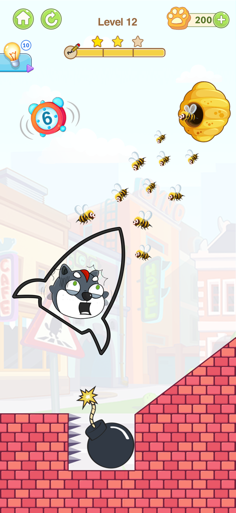 Help the Dog: Brain Puzzles - A dog protected from bees and a bomb by a hand drawn shape in a logic puzzle game