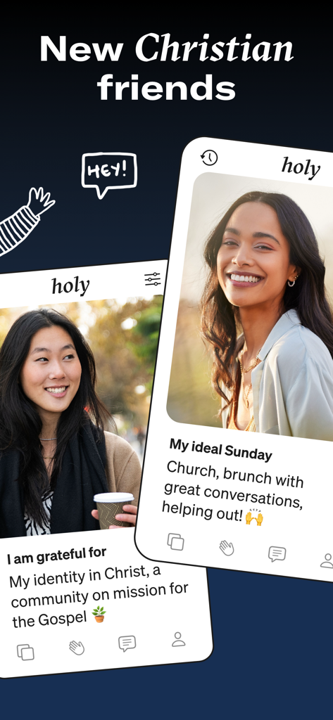 Holy — Christian Dating App - User profiles on the Holy Christian dating app featuring faith-based personal prompts and photos.