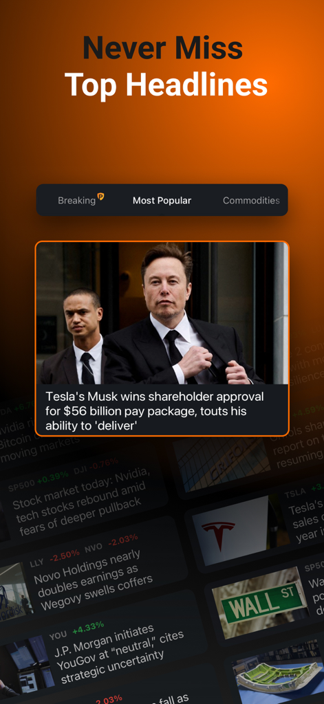 Investing.com: Stock Market - Mobile app interface featuring real-time financial news headlines and market analysis from Investing.com.