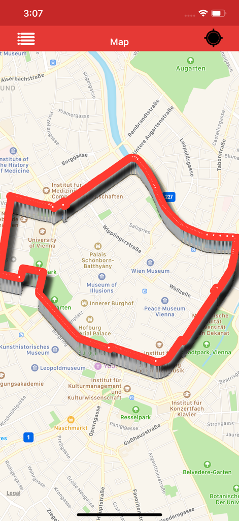 Gpx Viewer-Gpx Converter app - A mobile app screenshot showing a map of Vienna with a bold red GPX track outline displayed over the city streets