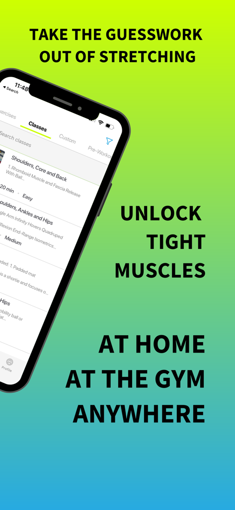 Stretch Mode: Stretching - Stretch Mode app interface showing a variety of mobility and stretching classes available for home and gym use