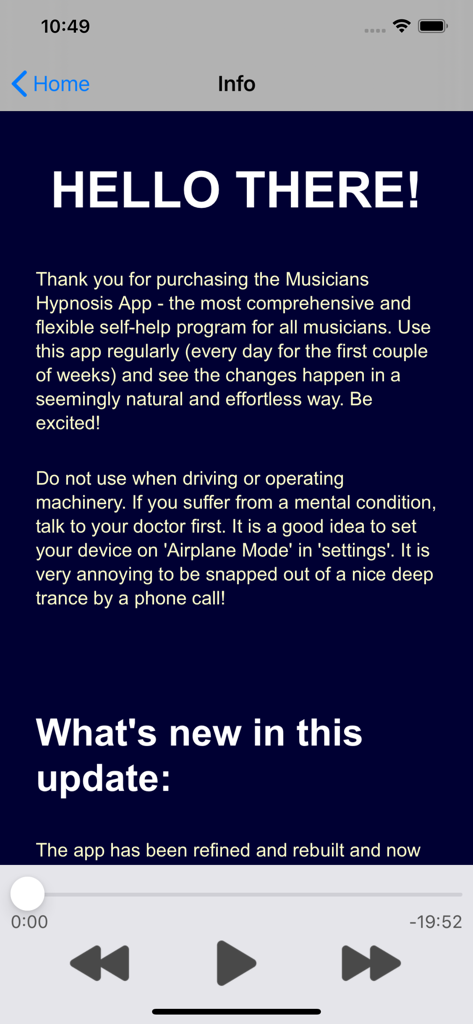 Musicians Hypnosis - An informational welcome screen from the Musicians Hypnosis app featuring usage tips and an integrated audio player.