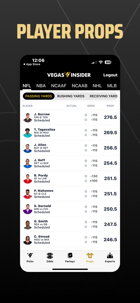 VegasInsider Betting Tips - VegasInsider app interface showing NFL player passing yards props and betting odds