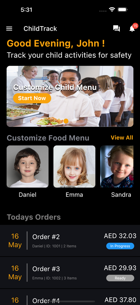 The ChildGuard app dashboard showing child profiles and real-time school canteen order statuses for parents.