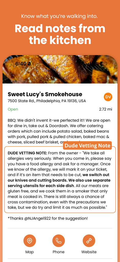 Screenshot of the Gluten Dude app showing a detailed Dude Vetting Note regarding cross-contamination procedures at a restaurant.