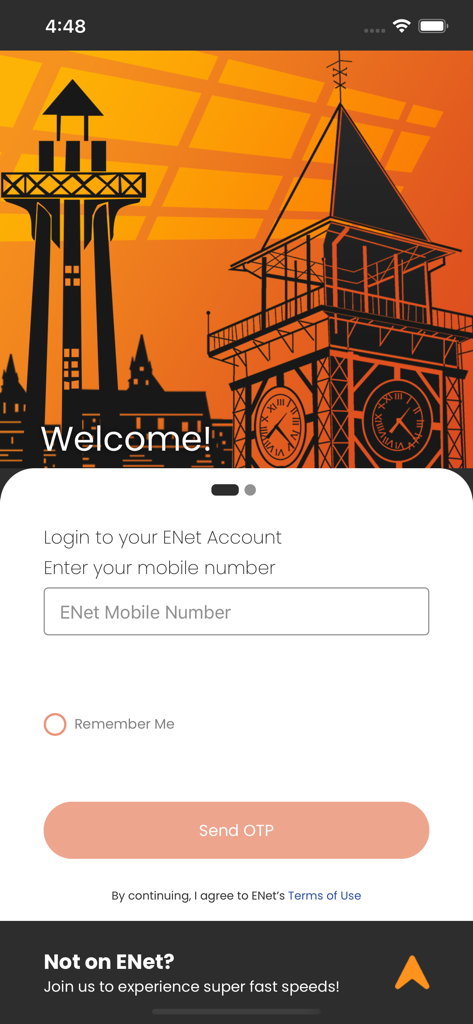 My ENet - Login screen of the My ENet mobile app featuring Georgetown Guyana landmarks and a mobile number entry field for OTP authentication.