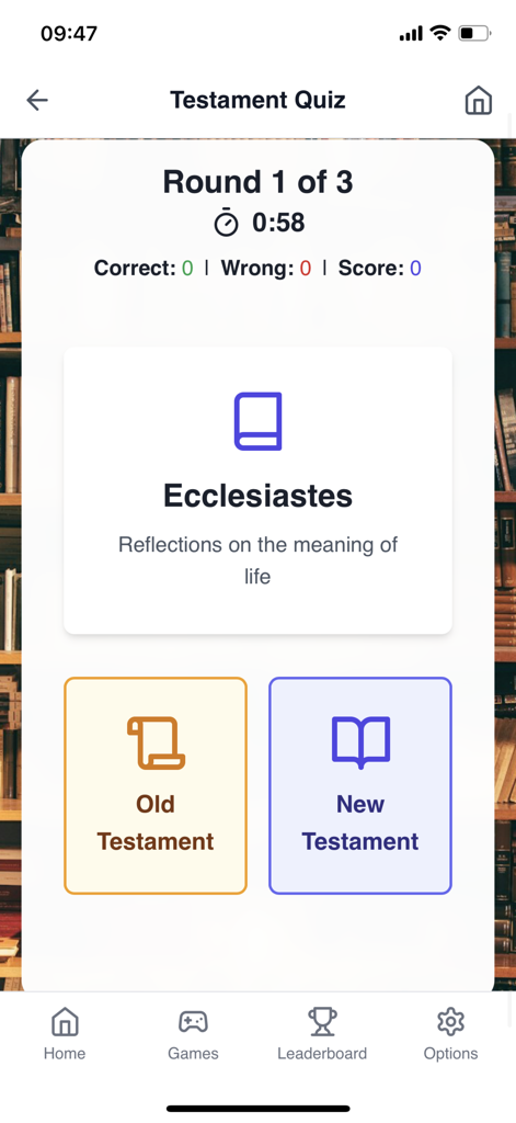 Kingdom Chronicles - Kingdom Chronicles app screenshot showing a Testament Quiz game round for the book of Ecclesiastes