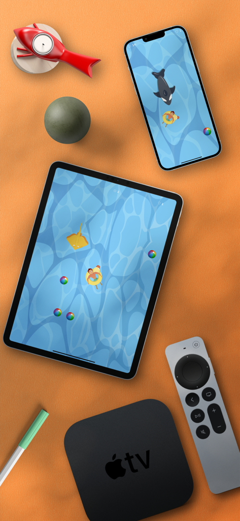 Oh My Pool game shown on iPhone iPad and Apple TV devices on an orange background
