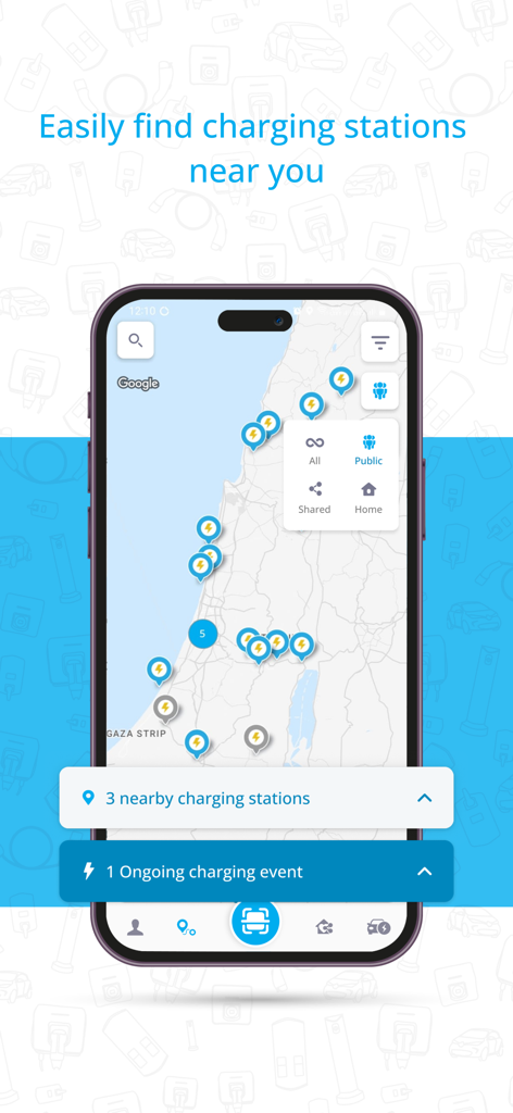 Gnrgy Go app interface displaying a map of nearby electric vehicle charging stations
