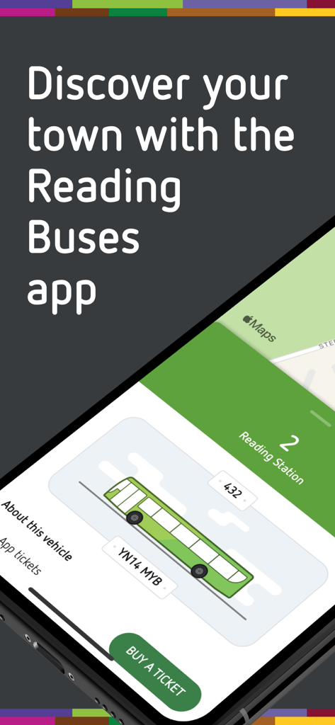 Reading Buses app interface showing real-time bus tracking and a mobile ticket purchase button