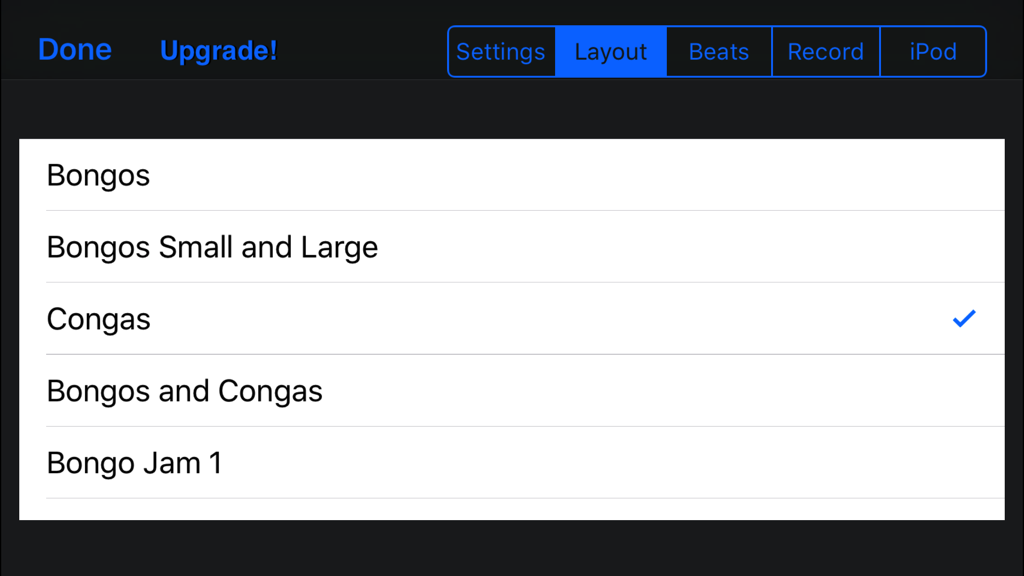 Bongos! - Selection menu for drum layouts including bongos and congas in the app interface