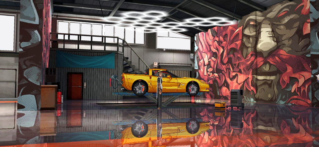 Estilo BR: Online Drag Racing - Un auto deportivo amarillo sobre un elevador dentro de un garaje personalizado con arte mural de graffiti.