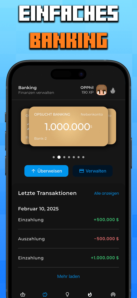 Interface bancaire en jeu dans l'application OPSUCHT montrant le solde et l'historique des transactions