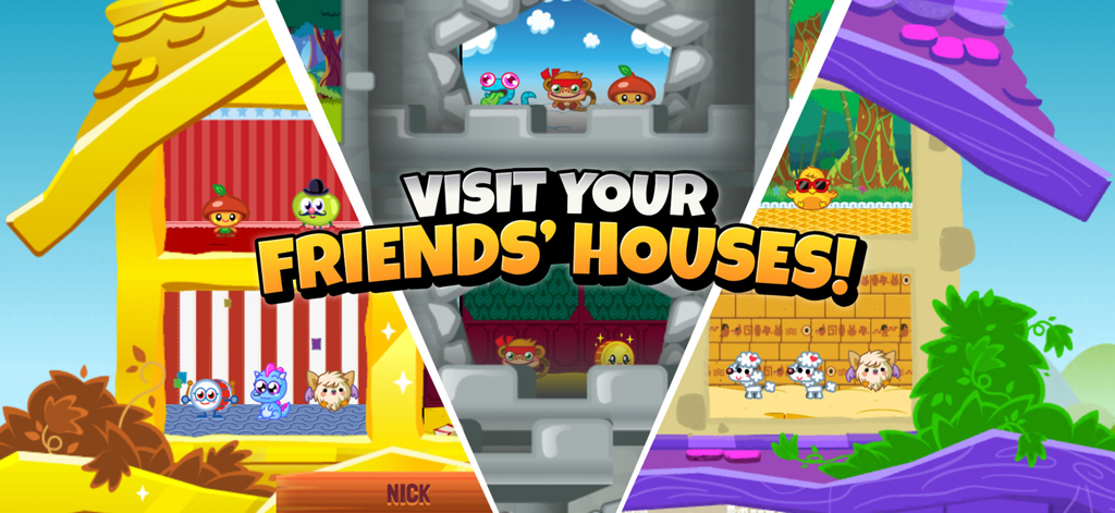 Moshi Monsters Egg Hunt - A colorful split screen showing three different decorated moshling houses with the text Visit your friends houses