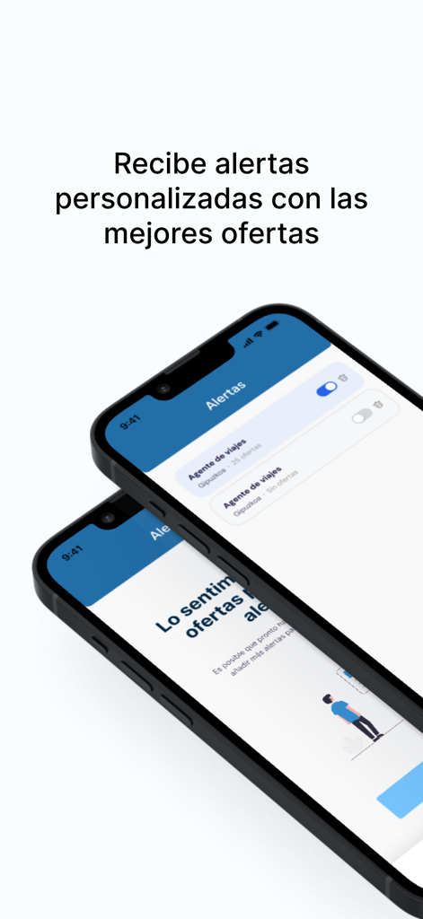 Trabajos.com - Dos smartphones mostrando la interfaz de gestión de alertas de empleo de la app Trabajos.com con texto en español.