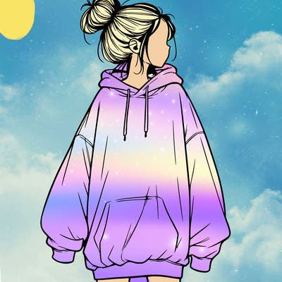 realistic girl with a oversized sweatshirt on and a bun