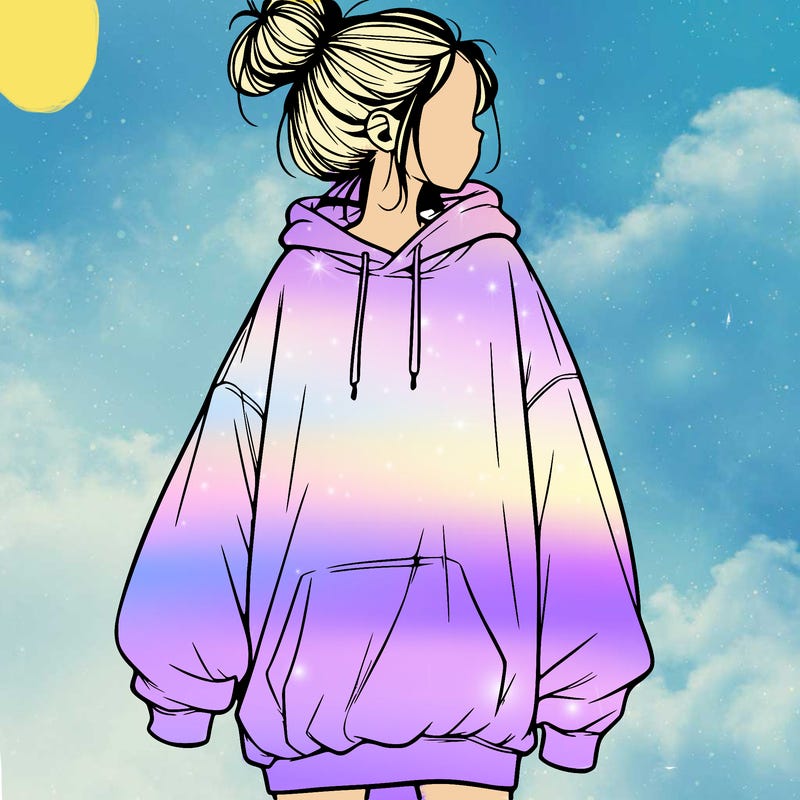 realistic girl with a oversized sweatshirt on and a bun