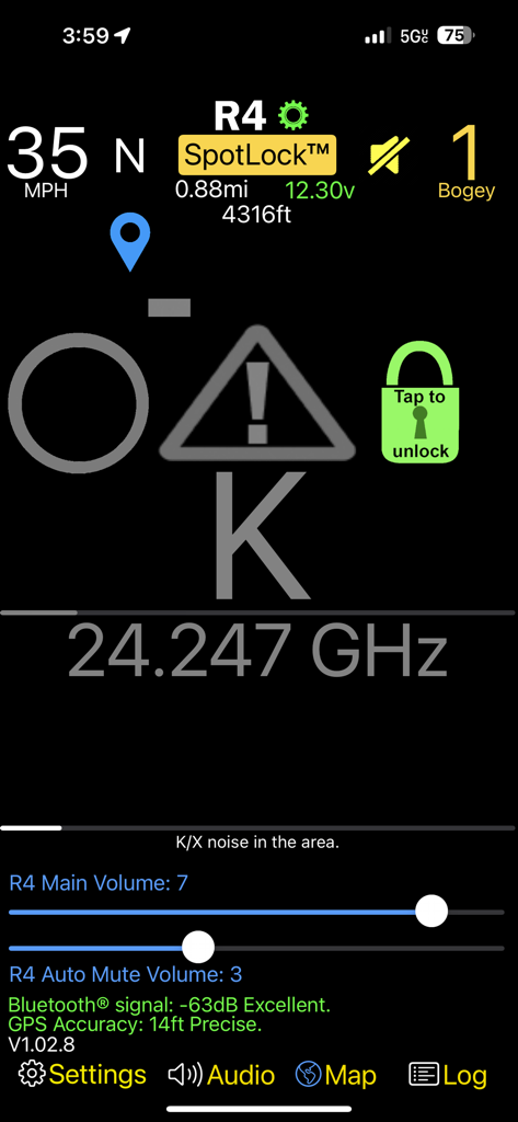 R4 Companion app HUD dashboard displaying vehicle speed and radar frequency alerts.