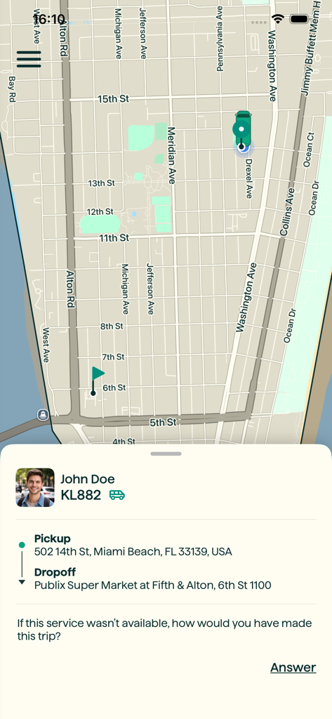 Ride Circuit - Ride Circuit app interface showing a real-time shuttle location on a map with driver details and trip route in Miami Beach.