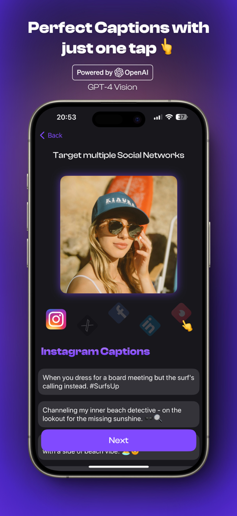 Photo Caption Generator AI - Captura de pantalla de la aplicación Photo Caption Generator AI que muestra títulos de Instagram generados por IA para una foto de una mujer con sombrero y gafas de sol.