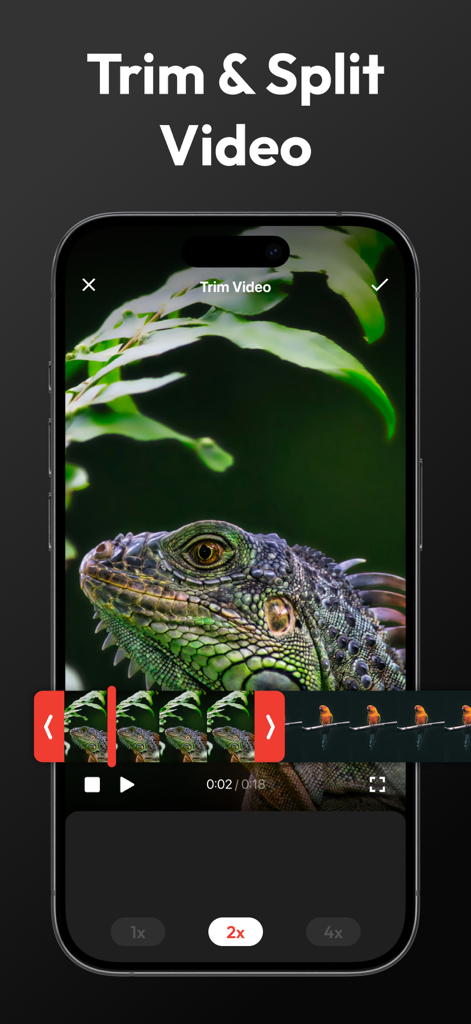 Video Speed Editor,Changer App - 동영상 속도 편집기의 스마트폰 인터페이스, 동영상 트리밍 및 분할 기능 표시