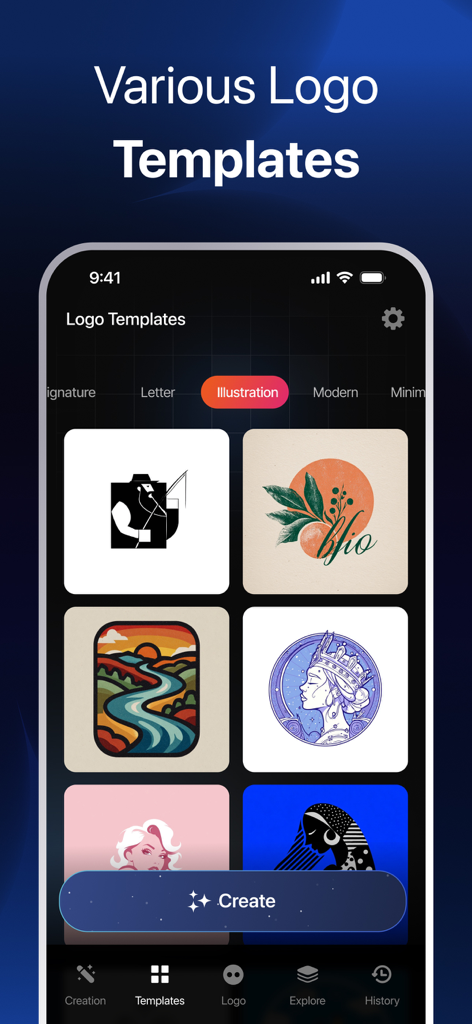 AI Logo Maker - MeLogo - Screenshot of the AI Logo Maker MeLogo app showing various illustration logo design templates.