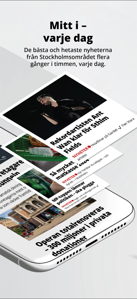 Lokaltidningen Mitt i - 스톡홀름 거주자를 위한 Mitt i 앱의 지역 뉴스 피드를 표시하는 스마트폰