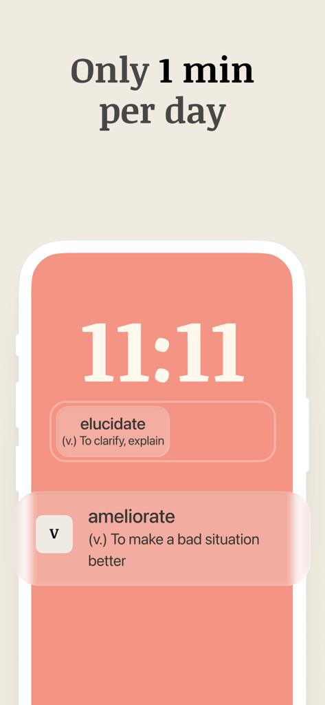 Écran de verrouillage de l'iPhone présentant un widget de vocabulaire et une notification pour l'apprentissage quotidien