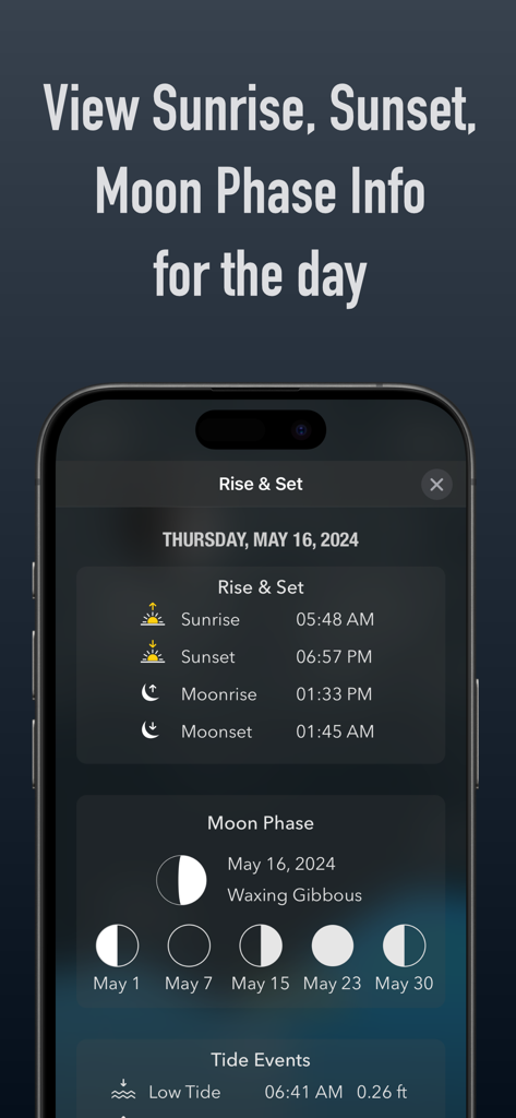 Tide Alert (NOAA) - Tide Chart - Tide Alert app interface showing daily sunrise sunset and moon phase data