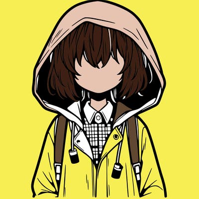 little anime girl in a raincoat her hair is covering her eyes she has a lighter
