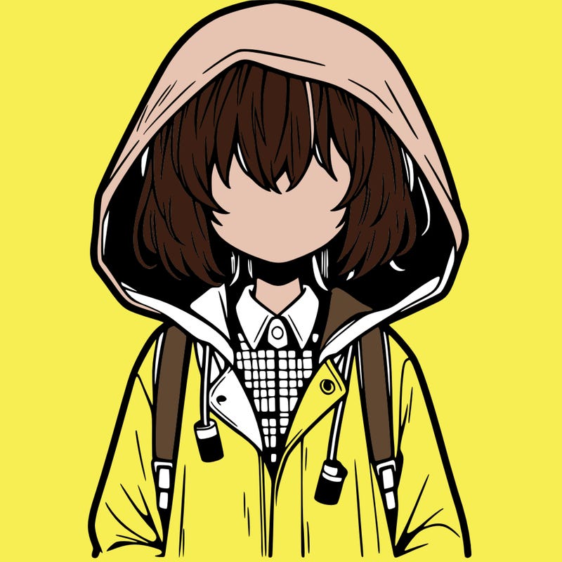 little anime girl in a raincoat her hair is covering her eyes she has a lighter