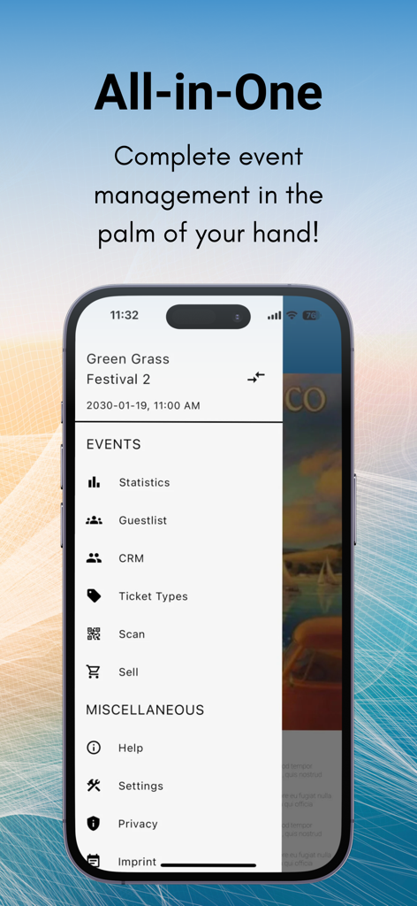 Mobile Event Manager 2.0 - Mobile Event Manager 2.0 App-Oberfläche, die das Navigationsmenü mit Eventmanagement-Funktionen zeigt