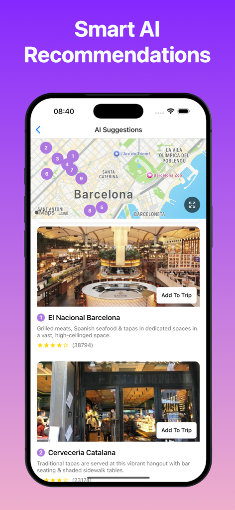 FlowTrip AI Group Trip Planner - FlowTrip app interface showing smart AI recommendations with a map of Barcelona and local restaurant suggestions.