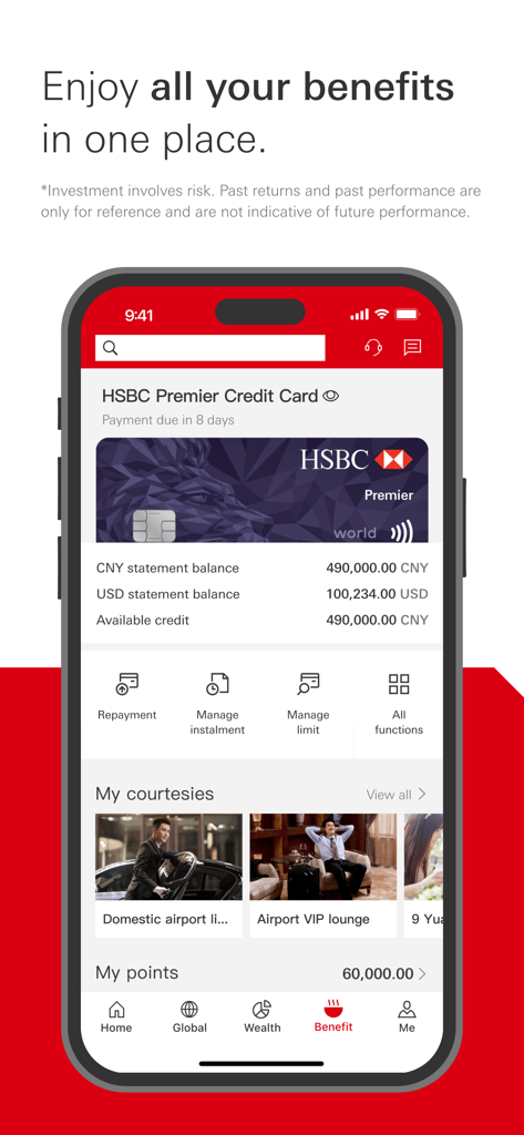 HSBC China - Application mobile HSBC Chine montrant la gestion de la carte de crédit Premier avec les soldes en CNY et USD et les avantages de voyage premium