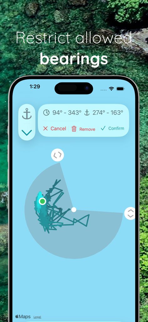Hooked: Remote Anchor Alarm - Pantalla de la aplicación Hooked que muestra la función de restringir los rumbos permitidos para anclar un barco
