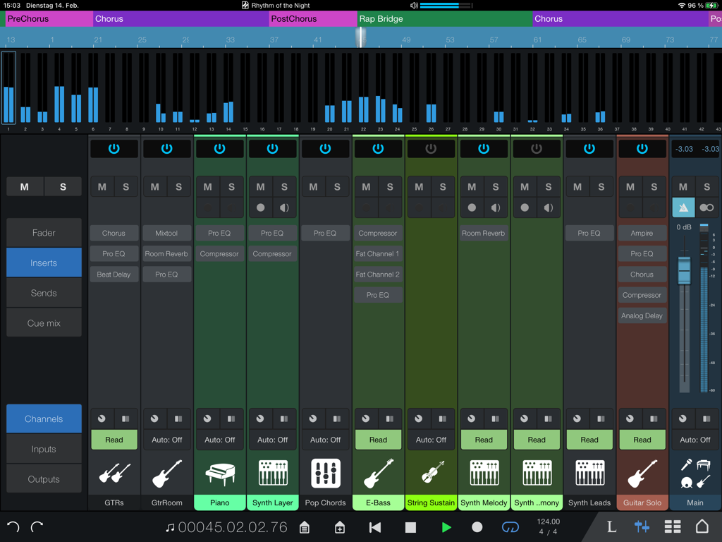 Studio Pro Remote app interface showing a multi-track mixing console with channel strips and effects inserts on an iPad screen