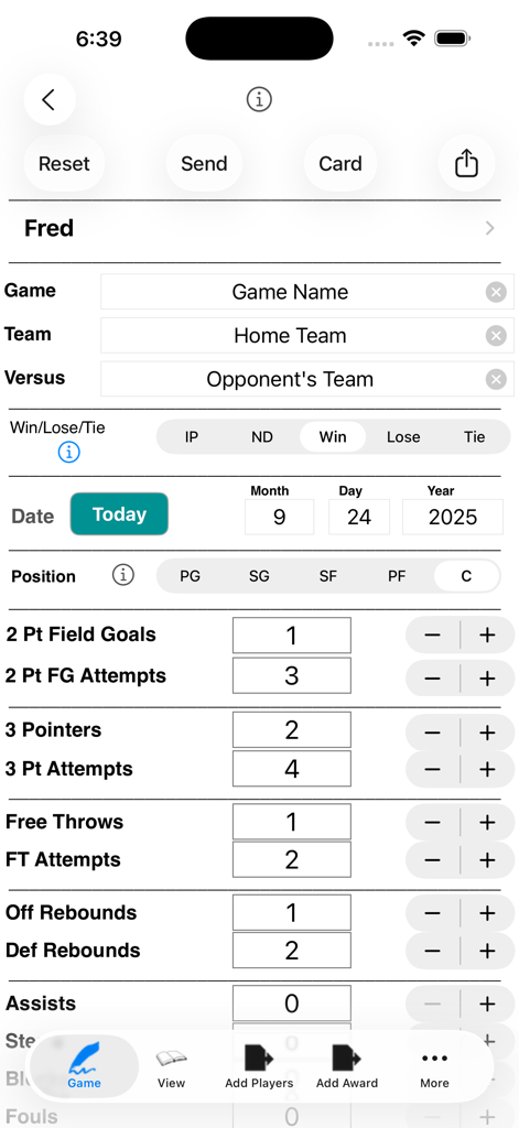 A mobile interface for tracking basketball statistics including field goals rebounds and free throws for individual players.