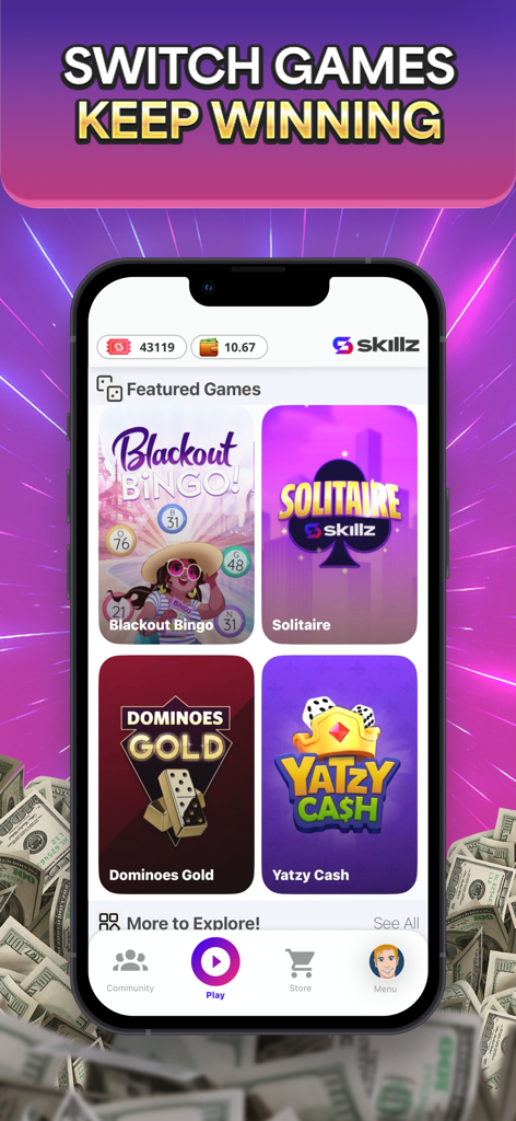 Smartphone screen showing the Skillz app interface with featured games including Bingo, Solitaire, and Dominoes for cash prizes.
