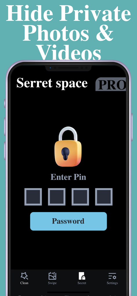 Photo Deleter - Camera Cleaner - Pantalla de la aplicación Photo Deleter mostrando un espacio secreto seguro para ocultar fotos privadas con un PIN
