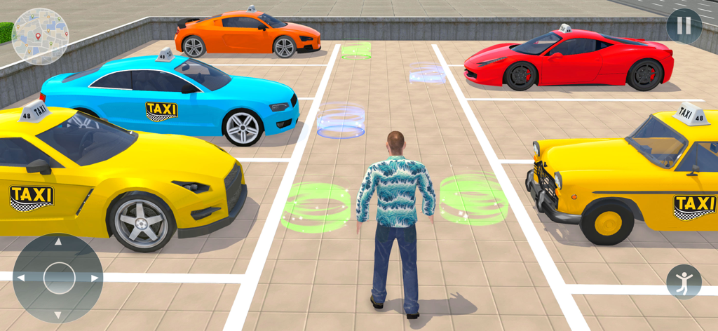 Sports Car Taxi Simulator 3D - Un personaje jugador de pie en un aparcamiento eligiendo entre varios taxis deportivos de alto rendimiento en un juego simulador 3D